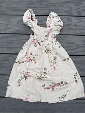 Girls Floral Puff-Sleeve Dress in Ivory and Pink